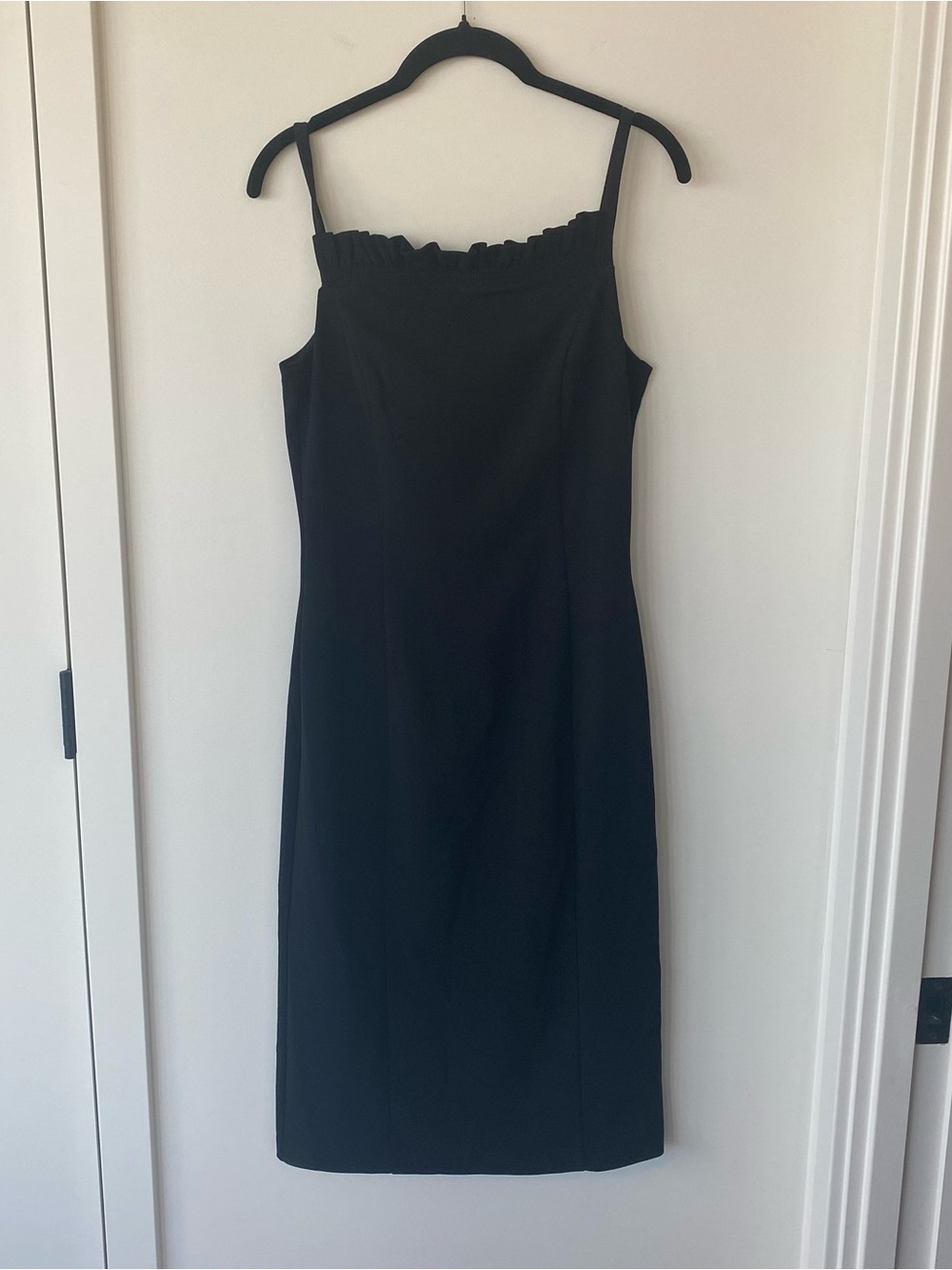 White House Black Market Black Midi Dress with Ruffle Neckline